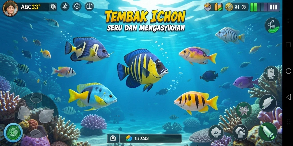Tampilan gameplay <strong>ABC33</strong> dengan ikan berwarna-warni yang siap ditangkap.