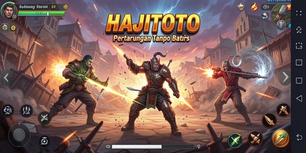 Menampilkan gameplay HAJITOTO yang penuh aksi dan karakter bertarung.