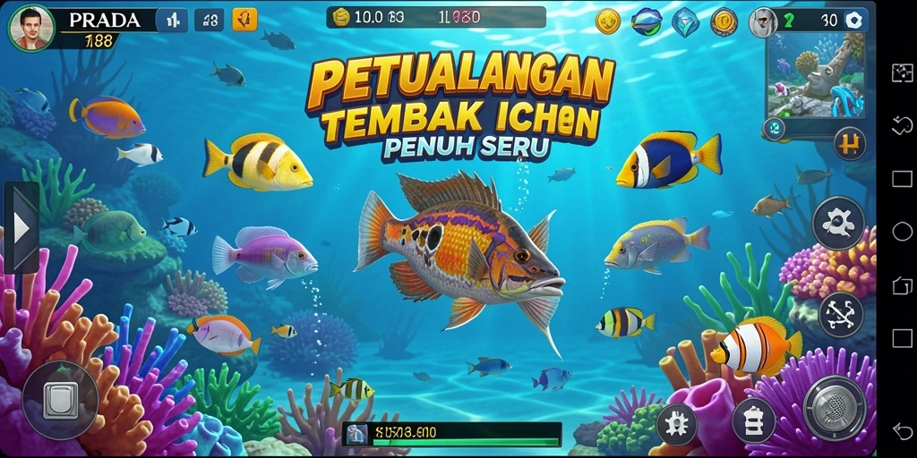 Screenshot menampilkan gameplay seru dari PRADA188, menangkap ikan dengan senjata.